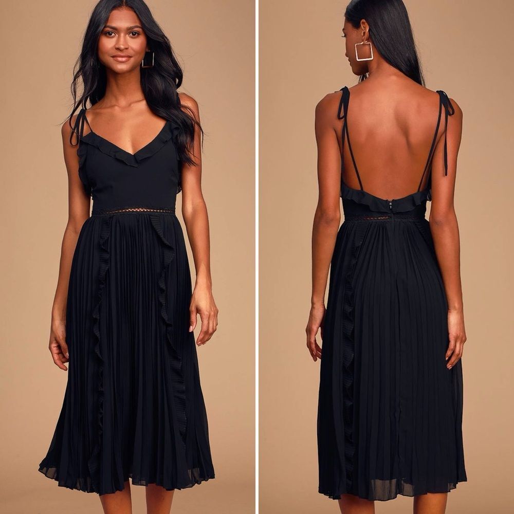 Lulus Never A Dull Moment Black Tie-Strap Pleated Midi Dress XL